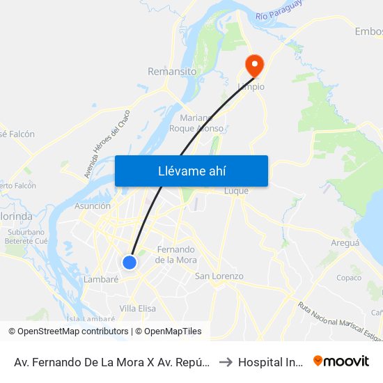 Av. Fernando De La Mora X Av. República Argentina to Hospital Indígena map