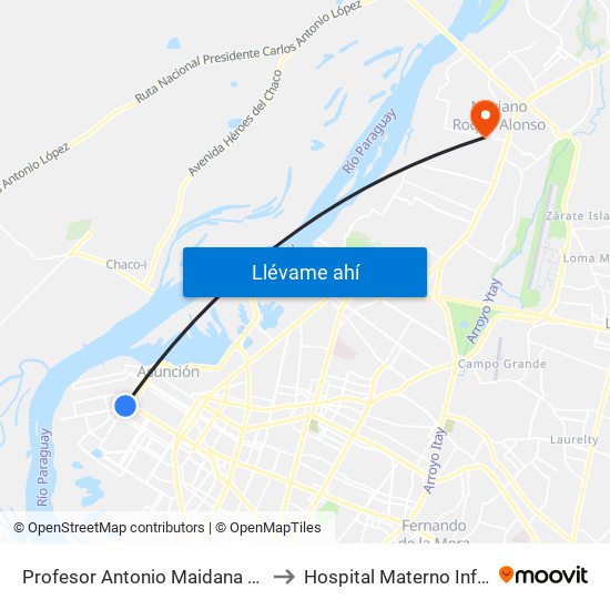 Profesor Antonio Maidana Campos, 1045 to Hospital Materno Infantil M.R.A. map