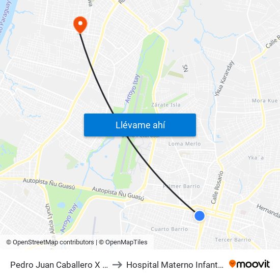 Pedro Juan Caballero X Herrera to Hospital Materno Infantil M.R.A. map