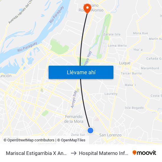 Mariscal Estigarribia X Andrés Barbero to Hospital Materno Infantil M.R.A. map
