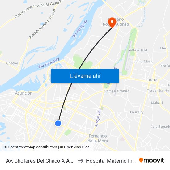 Av. Choferes Del Chaco X Av. Eusebio Ayala to Hospital Materno Infantil M.R.A. map