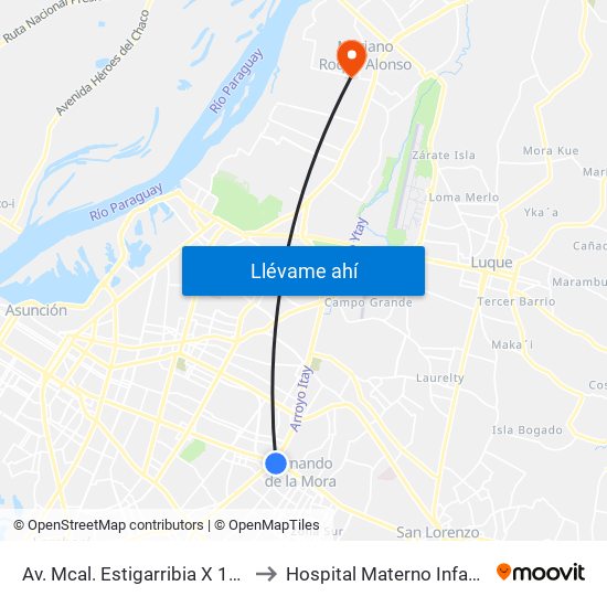 Av. Mcal. Estigarribia X 14 De Mayo to Hospital Materno Infantil M.R.A. map