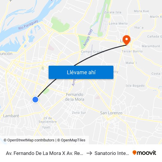Av. Fernando De La Mora X Av. República Argentina to Sanatorio Internacional map