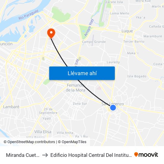 Miranda Cueto X Av. España to Edificio Hospital Central Del Instituto De Prevision Social - Paraguay map