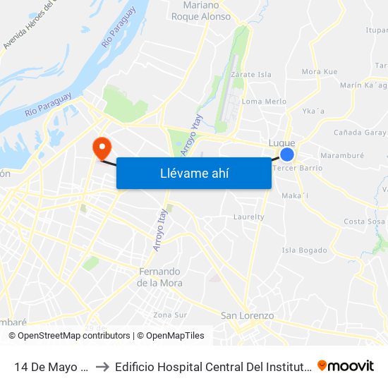 14 De Mayo X Balderrama to Edificio Hospital Central Del Instituto De Prevision Social - Paraguay map