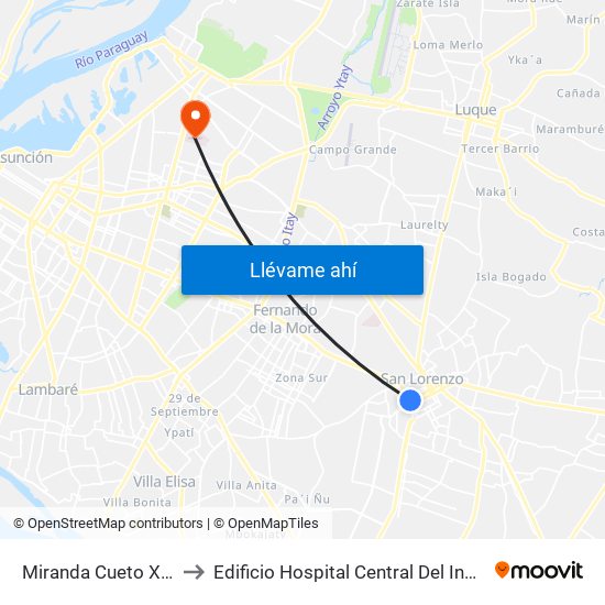 Miranda Cueto X Mariscal Estigarribia to Edificio Hospital Central Del Instituto De Prevision Social - Paraguay map
