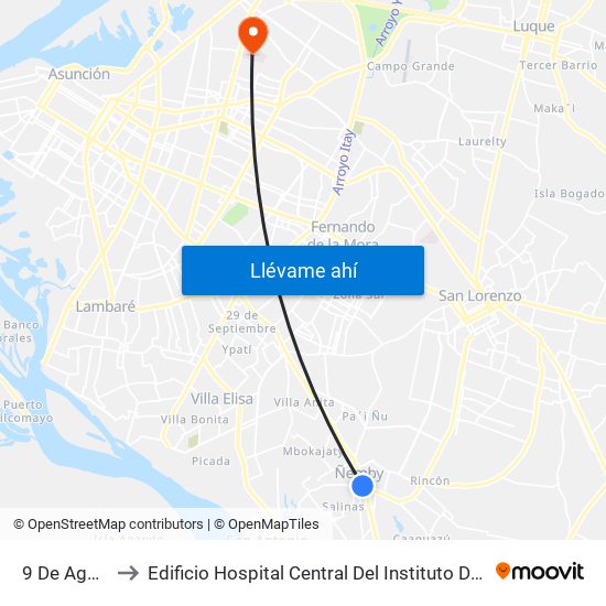 9 De Agosto, 345 to Edificio Hospital Central Del Instituto De Prevision Social - Paraguay map