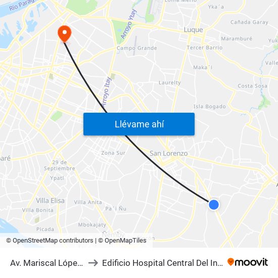 Av. Mariscal López (Parada Km. 17 (1/2)) to Edificio Hospital Central Del Instituto De Prevision Social - Paraguay map