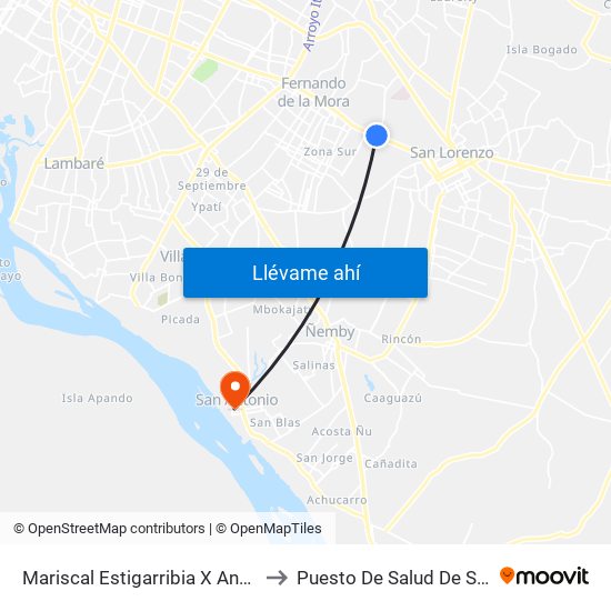Mariscal Estigarribia X Andrés Barbero to Puesto De Salud De San Antonio map