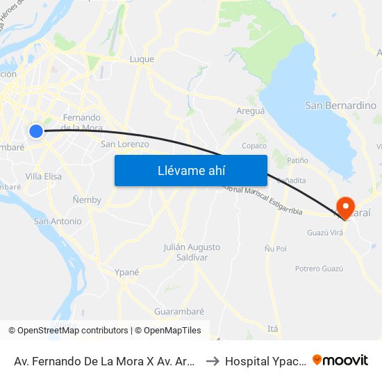 Av. Fernando De La Mora X Av. Argentina to Hospital Ypacarai map