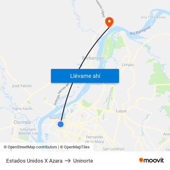 Estados Unidos X Azara to Uninorte map