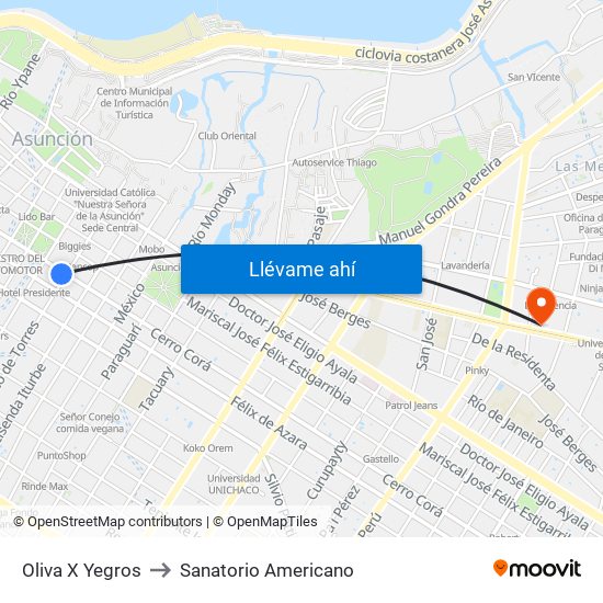 Oliva X Yegros to Sanatorio Americano map