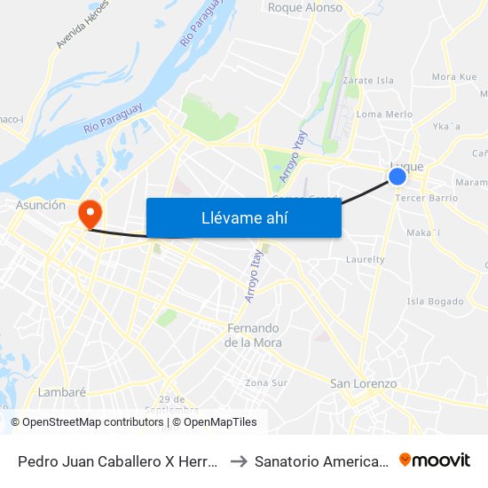 Pedro Juan Caballero X Herrera to Sanatorio Americano map