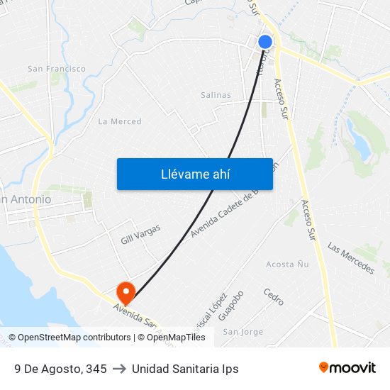 9 De Agosto, 345 to Unidad Sanitaria Ips map