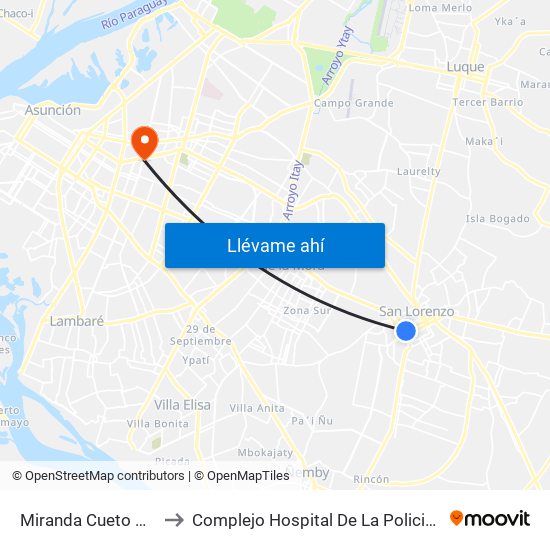 Miranda Cueto X Mariscal Estigarribia to Complejo Hospital De La Policia Nacional Doctor Rigoberto Caballero map