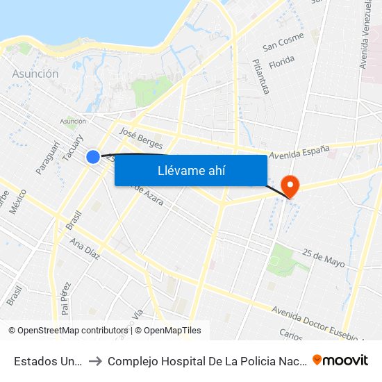 Estados Unidos X Azara to Complejo Hospital De La Policia Nacional Doctor Rigoberto Caballero map