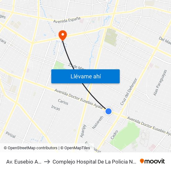 Av. Eusebio Ayala X Nazareth to Complejo Hospital De La Policia Nacional Doctor Rigoberto Caballero map