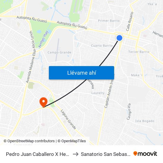Pedro Juan Caballero X Herrera to Sanatorio San Sebastián map