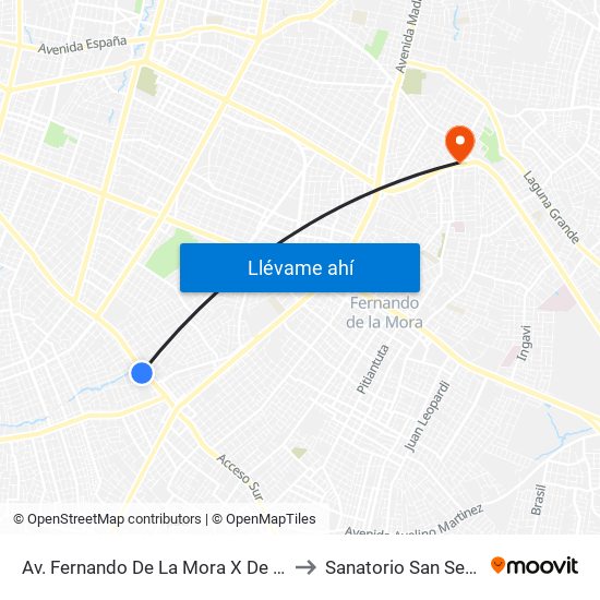 Av. Fernando De La Mora X De La Victoria to Sanatorio San Sebastián map