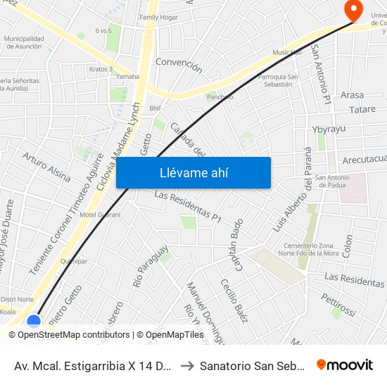 Av. Mcal. Estigarribia X 14 De Mayo to Sanatorio San Sebastián map