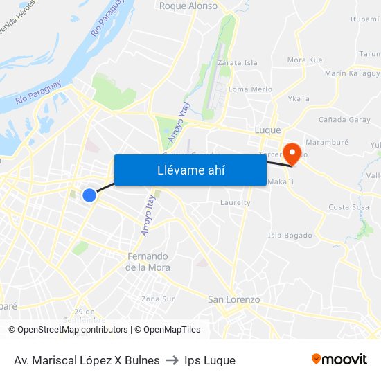 Av. Mariscal López X Bulnes to Ips Luque map