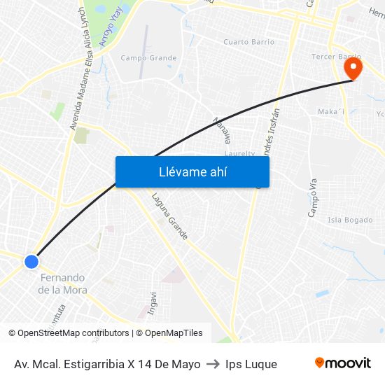 Av. Mcal. Estigarribia X 14 De Mayo to Ips Luque map