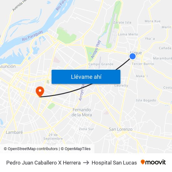 Pedro Juan Caballero X Herrera to Hospital San Lucas map