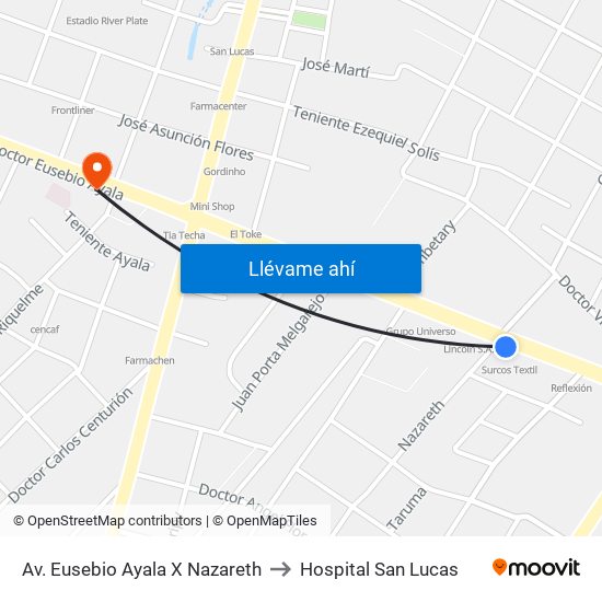 Av. Eusebio Ayala X Nazareth to Hospital San Lucas map