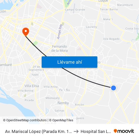 Av. Mariscal López (Parada Km. 17 (1/2)) to Hospital San Lucas map