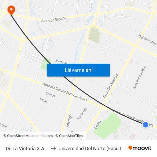 De La Victoria X Av. Eusebio Ayala to Universidad Del Norte (Facultad De Ingenieria Sede 2) map