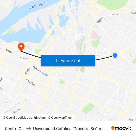Centro Comercial to Universidad Católica ""Nuestra Señora De La Asunción"" Sede Central map