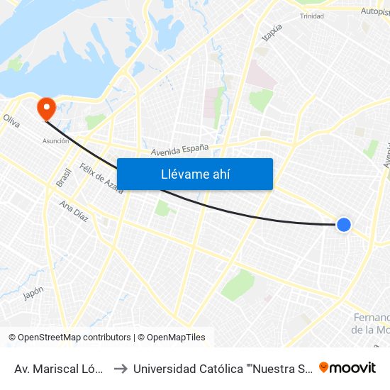 Av. Mariscal López X Capitán Bueno to Universidad Católica ""Nuestra Señora De La Asunción"" Sede Central map