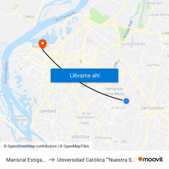 Mariscal Estigarribia X Atilio Galfre to Universidad Católica ""Nuestra Señora De La Asunción"" Sede Central map