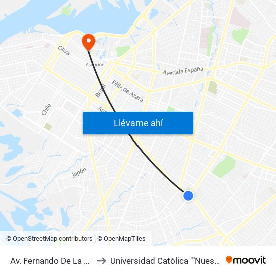 Av. Fernando De La Mora X Av. República Argentina to Universidad Católica ""Nuestra Señora De La Asunción"" Sede Central map