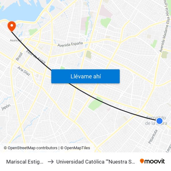 Mariscal Estigarribia X Boquerón to Universidad Católica ""Nuestra Señora De La Asunción"" Sede Central map
