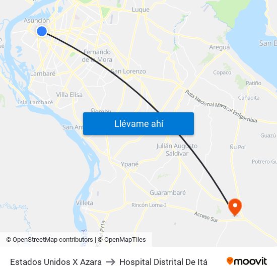 Estados Unidos X Azara to Hospital Distrital De Itá map