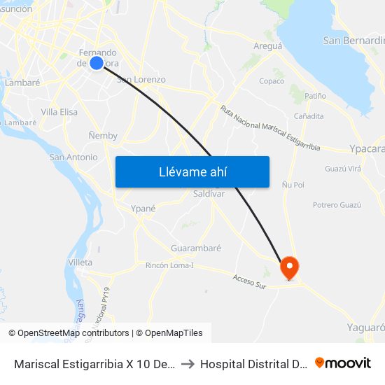 Mariscal Estigarribia X 10 De Julio to Hospital Distrital De Itá map