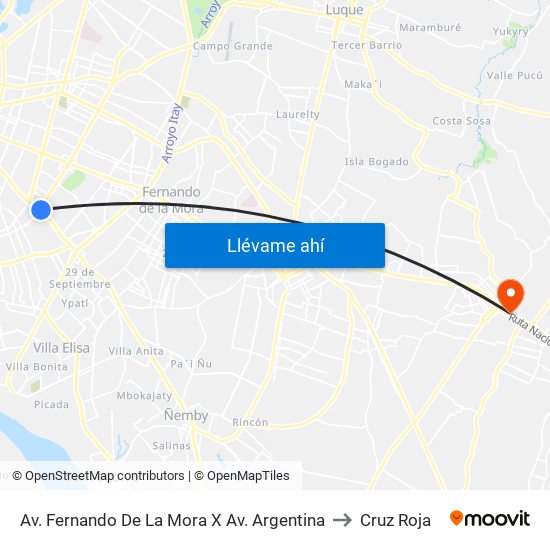 Av. Fernando De La Mora X Av. Argentina to Cruz Roja map