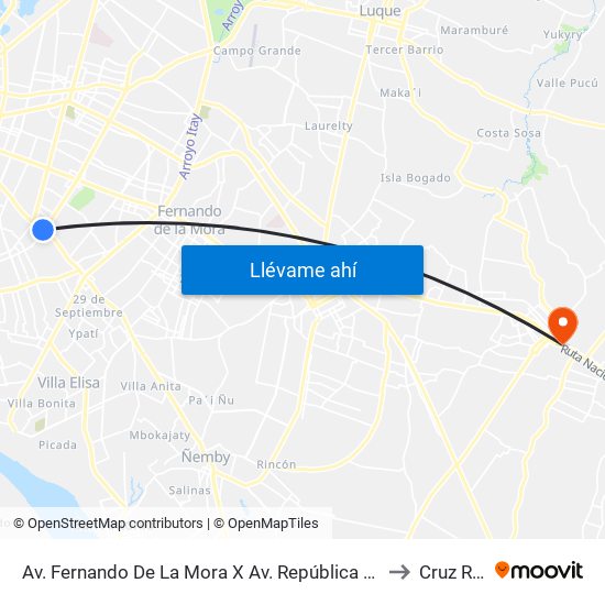 Av. Fernando De La Mora X Av. República Argentina to Cruz Roja map