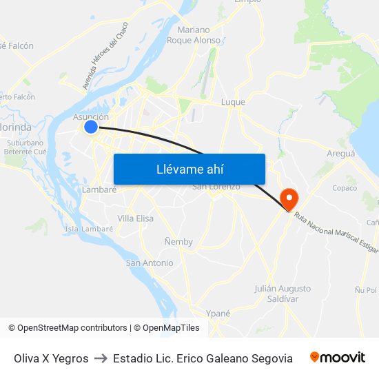 Oliva X Yegros to Estadio Lic. Erico Galeano Segovia map