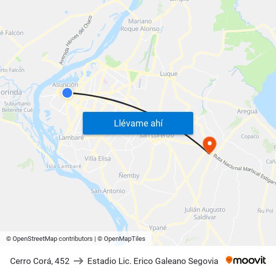 Cerro Corá, 452 to Estadio Lic. Erico Galeano Segovia map