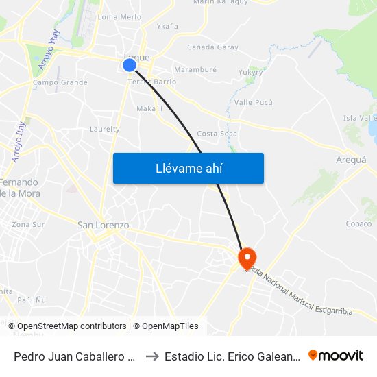 Pedro Juan Caballero X Herrera to Estadio Lic. Erico Galeano Segovia map