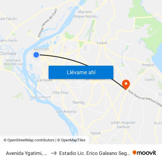 Avenida Ygatimi, 880 to Estadio Lic. Erico Galeano Segovia map