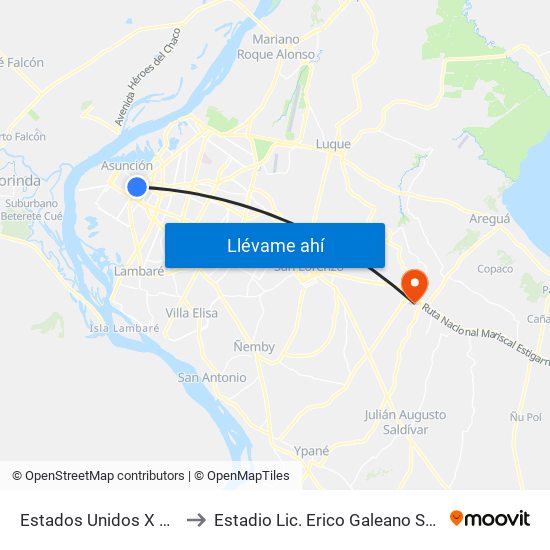 Estados Unidos X Azara to Estadio Lic. Erico Galeano Segovia map