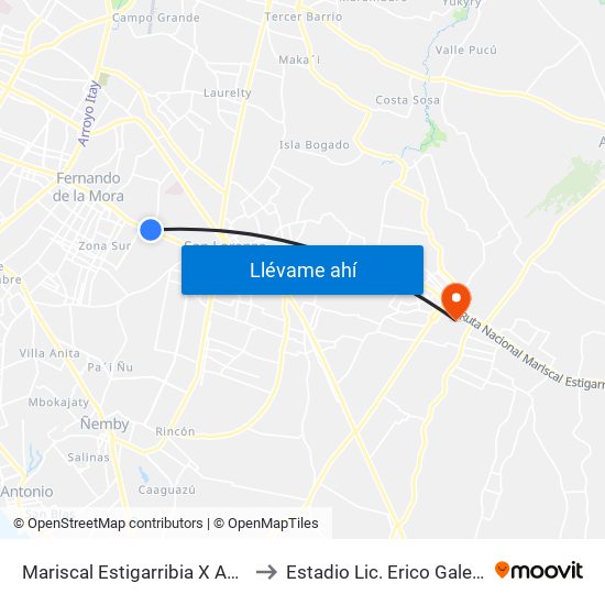 Mariscal Estigarribia X Andrés Barbero to Estadio Lic. Erico Galeano Segovia map