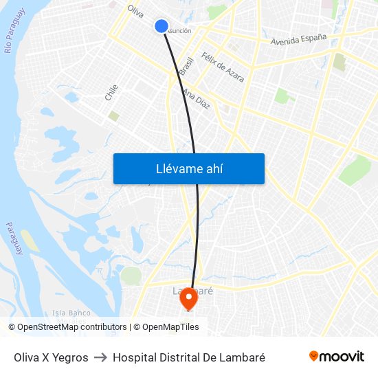 Oliva X Yegros to Hospital Distrital De Lambaré map