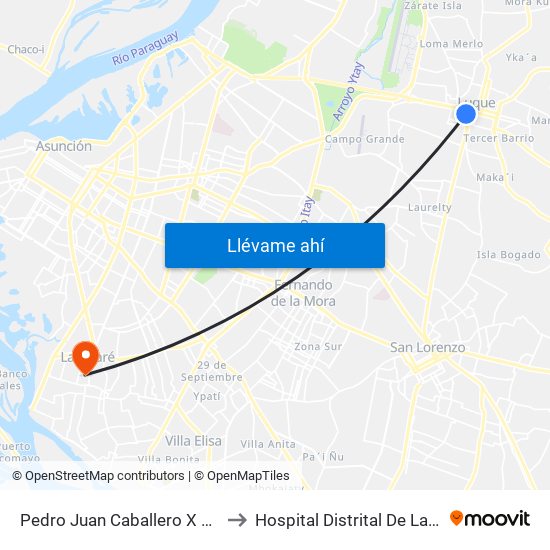 Pedro Juan Caballero X Herrera to Hospital Distrital De Lambaré map