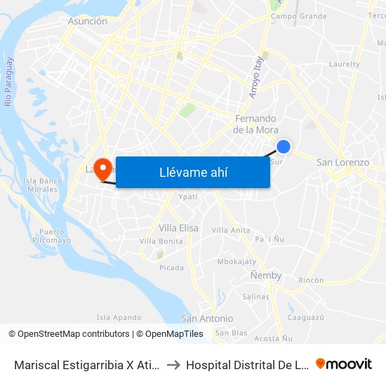 Mariscal Estigarribia X Atilio Galfre to Hospital Distrital De Lambaré map