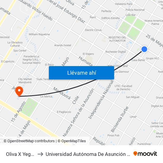 Oliva X Yegros to Universidad Autónoma De Asunción (Uaa) map