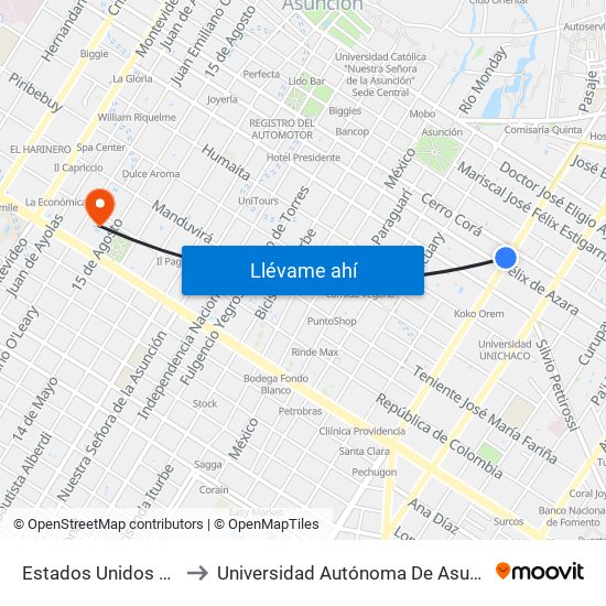 Estados Unidos X Azara to Universidad Autónoma De Asunción (Uaa) map